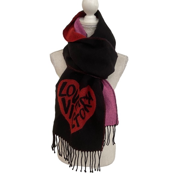 Victoria’s Secret Love Victoria Long Scarf Color Block Heart Black Pink Red - Picture 2 of 7